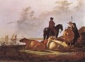 Campesinos con cuatro vacas junto al río Merwede, pintor campestre Aelbert Cuyp